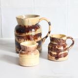 3 old bicoloured enamelled stoneware jugs