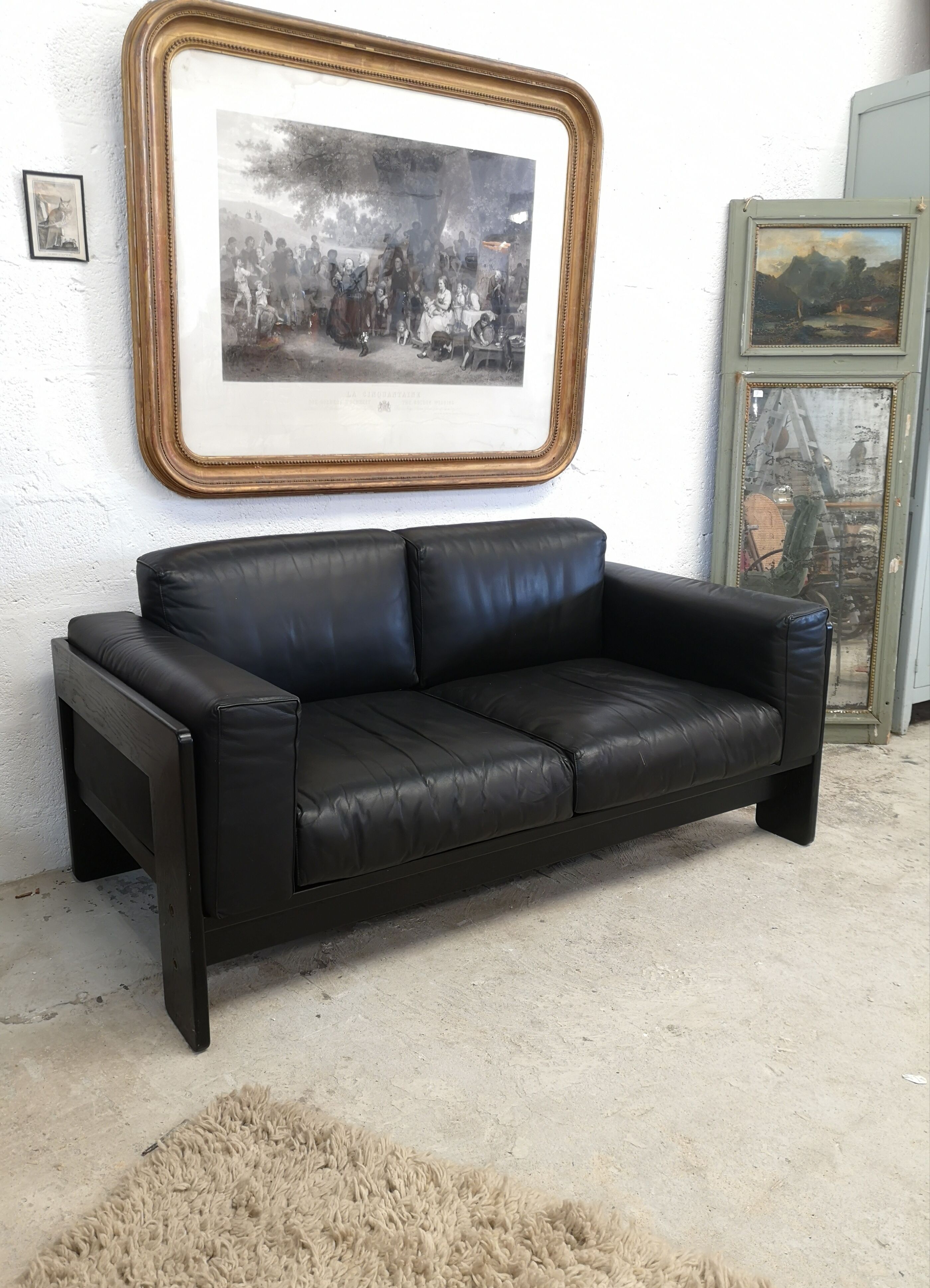 Bastiano by Afra and Tobia Scarpa edition Knoll 60s black leather sofa