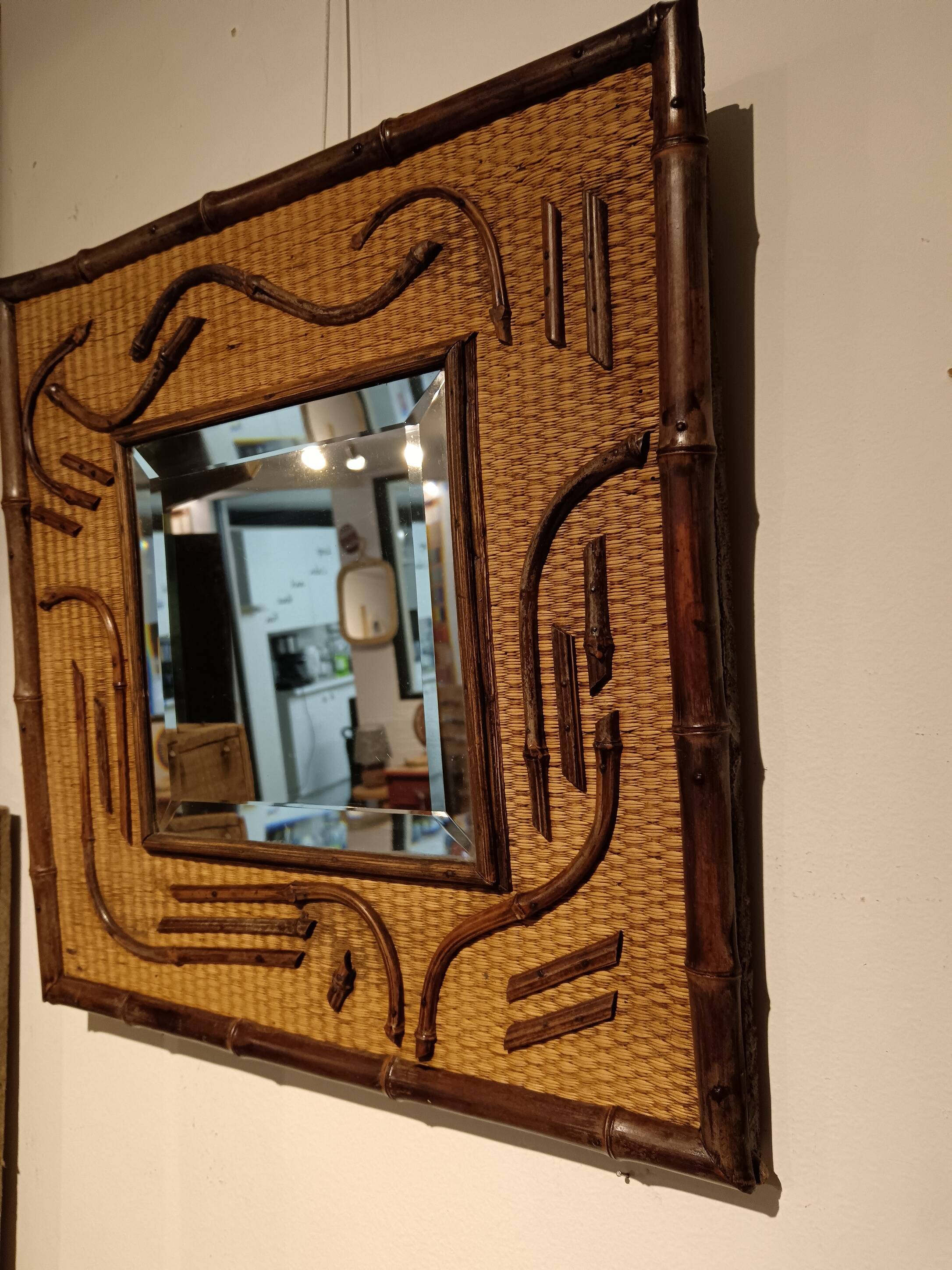 2-tone beveled square wood and rattan mirror