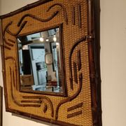 Miroir bois et rotin carré biseauté 2 tons
