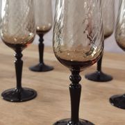 8 vintage smoked champagne flutes with black feet Arcoroc