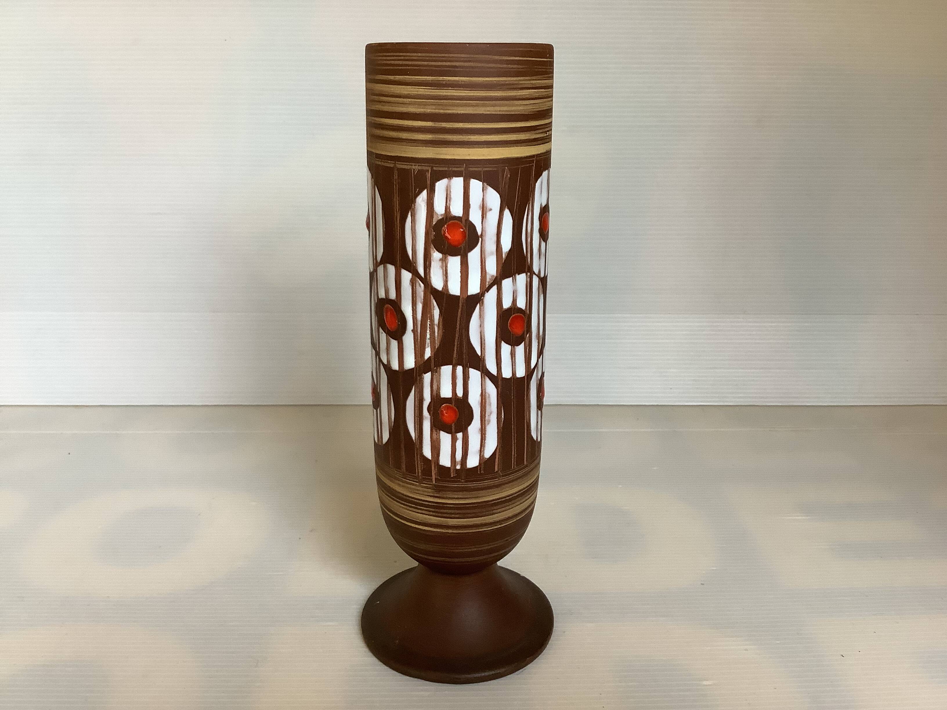 W Germany Round White and Red Matte and Enameled Vase