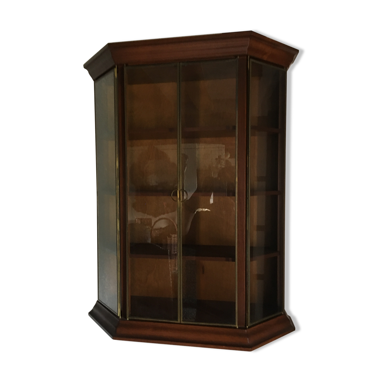 Wall display case for collection or other in wood, glass and brass