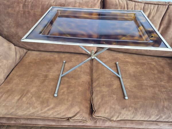 Table basse avec plateau Bakélite ambré motif tortue, Vintage 70's