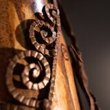 stoneware shell vase, wrought iron frame, roger guerin & francois carion, bouffioulx ca 1920