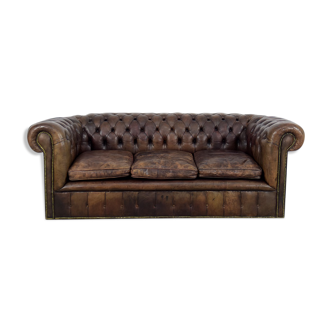 Canapé chesterfield ancien en cuir marron, années 1920