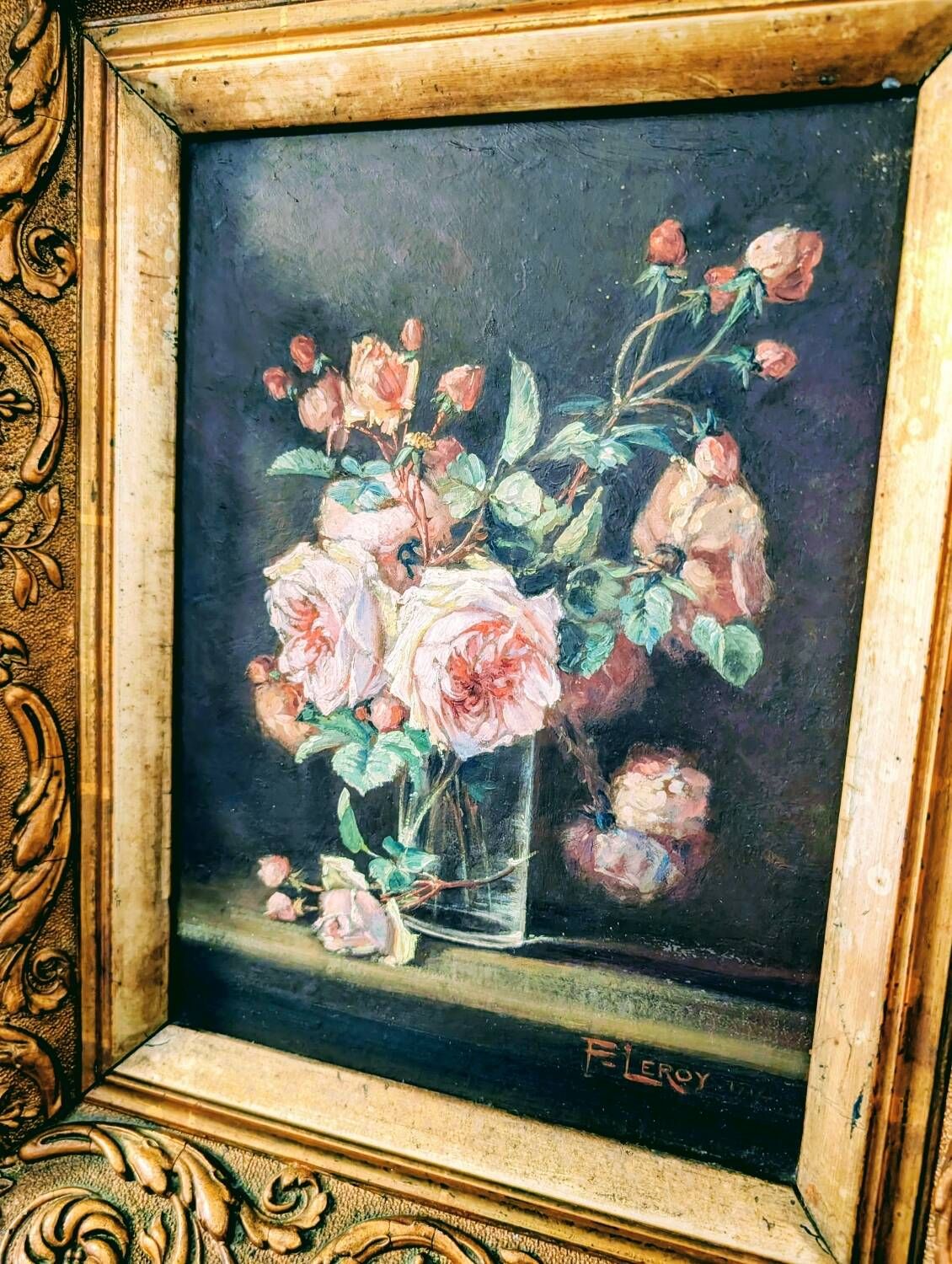 Oil painting on rosewood in a vase, early 20th century