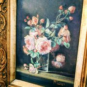 Tableau huile sur bois rose dans vase début XXeme