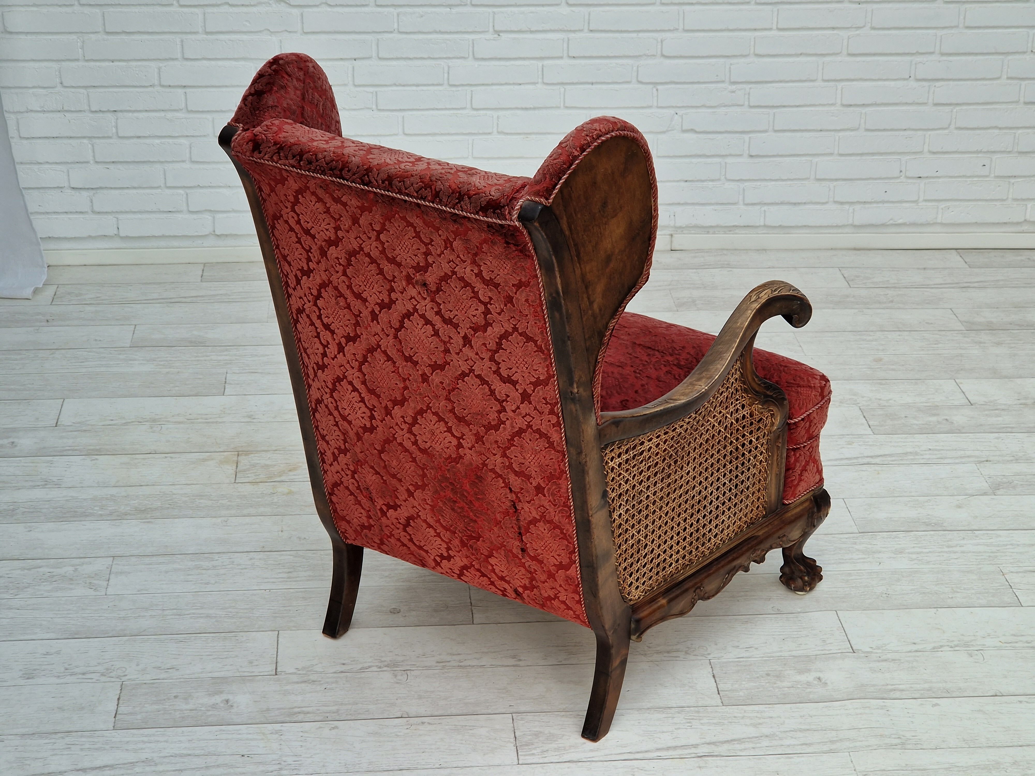 Fauteuil danois en bois de frêne et velour années 1930
