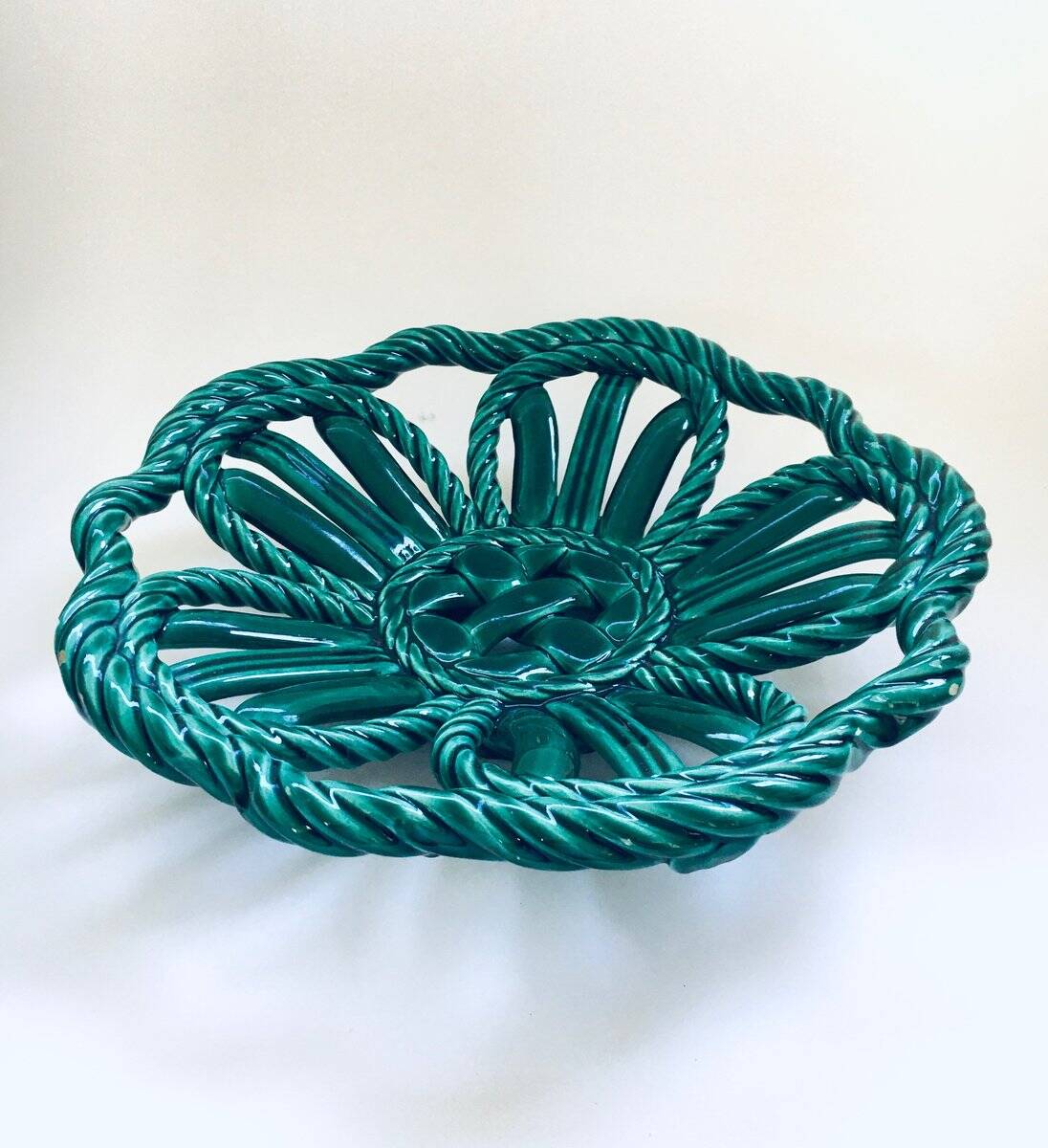 Mid-century Modern Art Ceramics Green Braided Woven Bowl by Vallauris, 1950s