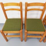 Set of 4 vintage chairs in pine and khaki green bouclette fabric from the 70s
