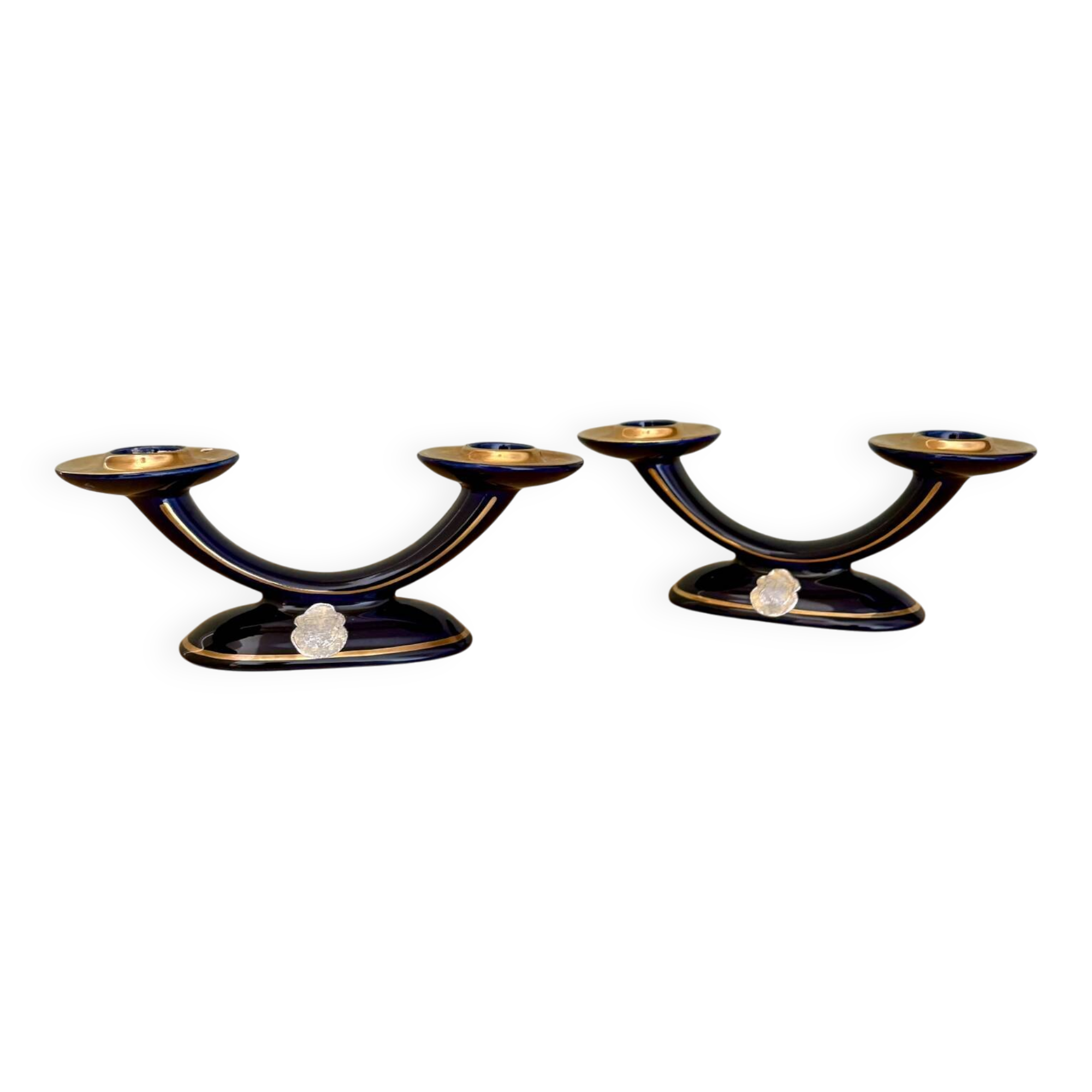 Set of 2 vintage blue and gold ceramic candle holders