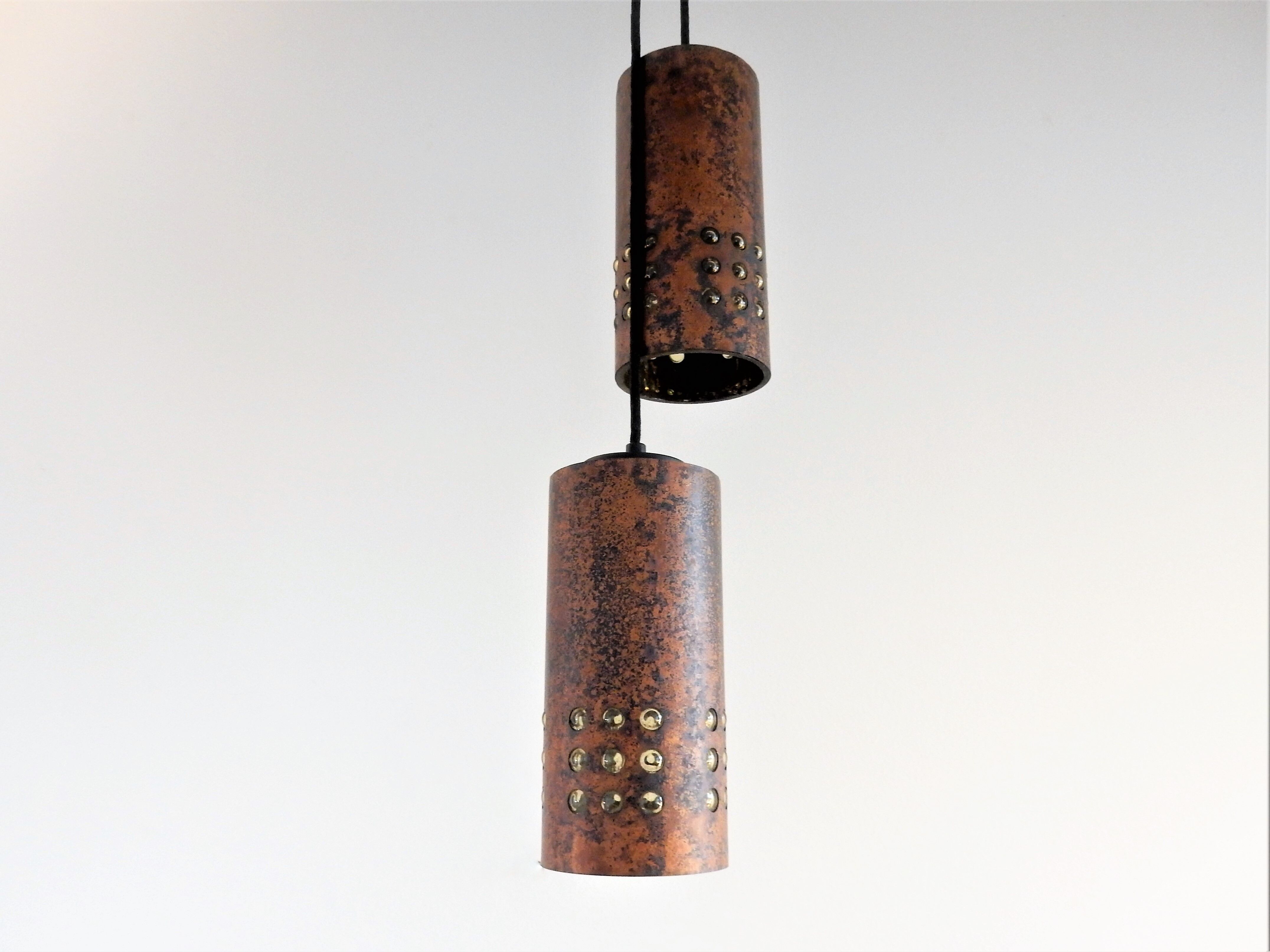 Set of 2 brutalist metal and glass pendant lamps, 1960s