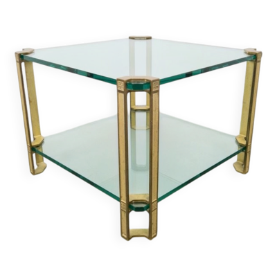 Table basse T24 en laiton avec doubles plateaux en verre par Peter Ghyczy, années 1970.