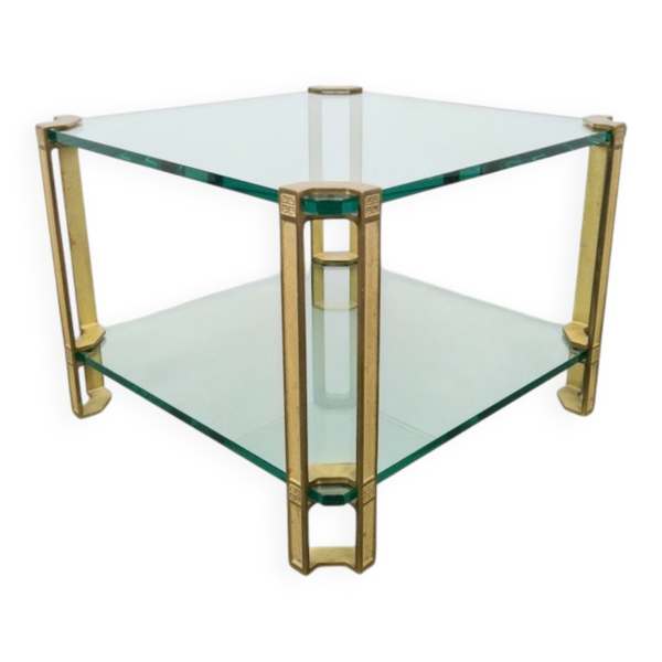 Table basse T24 en laiton avec doubles plateaux en verre par Peter Ghyczy, années 1970.