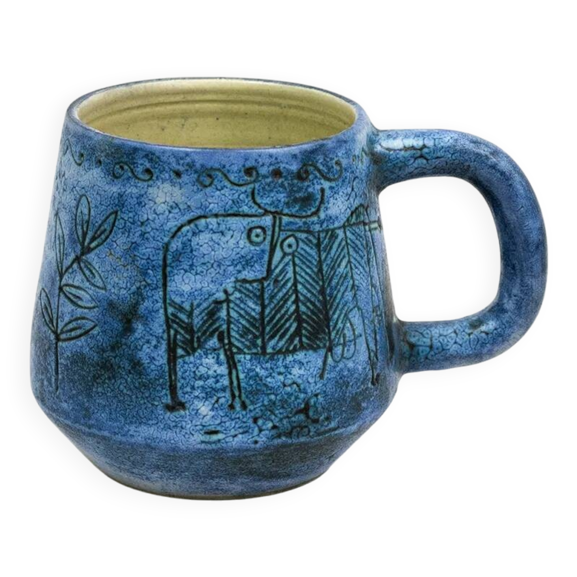 Mug Jacques Blin – Faïence émaillée bleue décor incisé animaux fantastiques