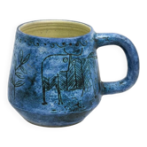 Jacques Blin Mug – Blue glazed earthenware with incised decoration of fantastic animals