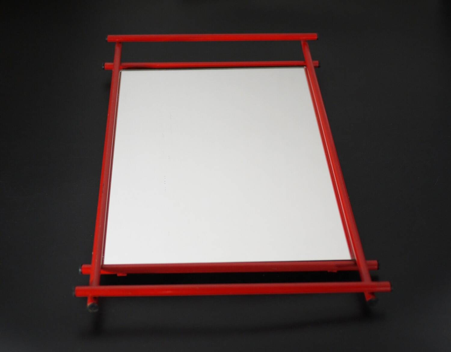 1960s Modern Red Metal Frame Mirrored Serving Tray