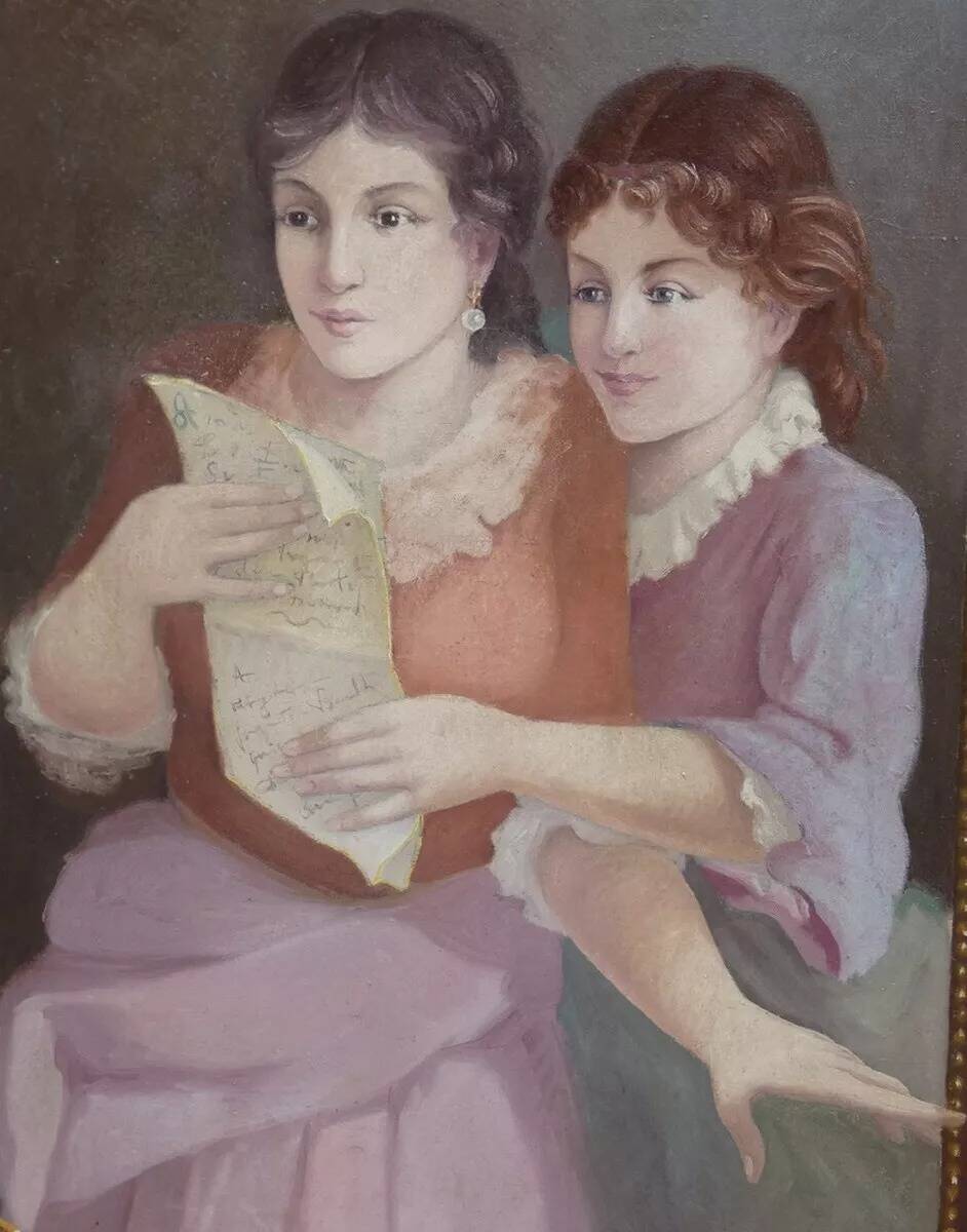 Antique English Painting of a Young Woman Reading