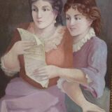 Peinture anglaise ancienne représentant une jeune femme lisant