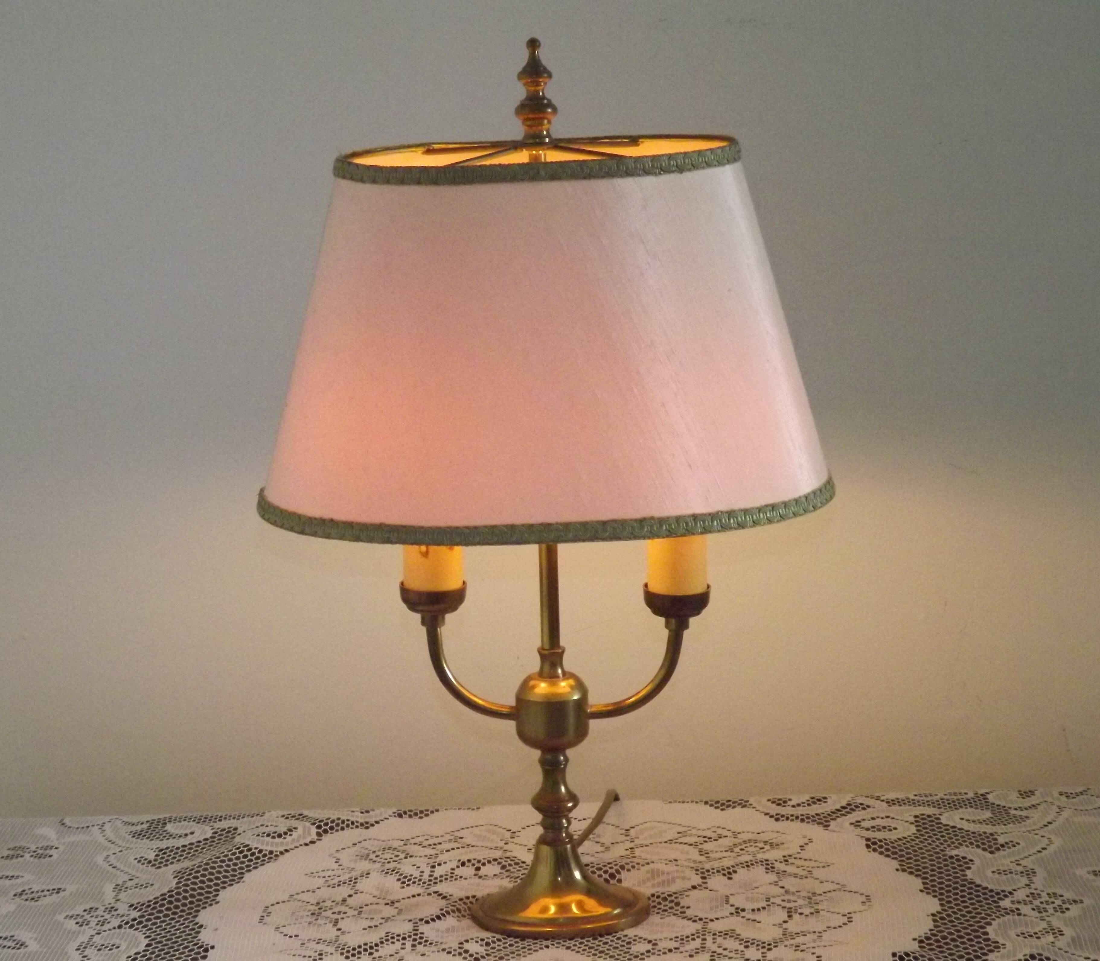 2 Light French Vintage Brass Boulotte Table Lamp With Cream Fabric Shade