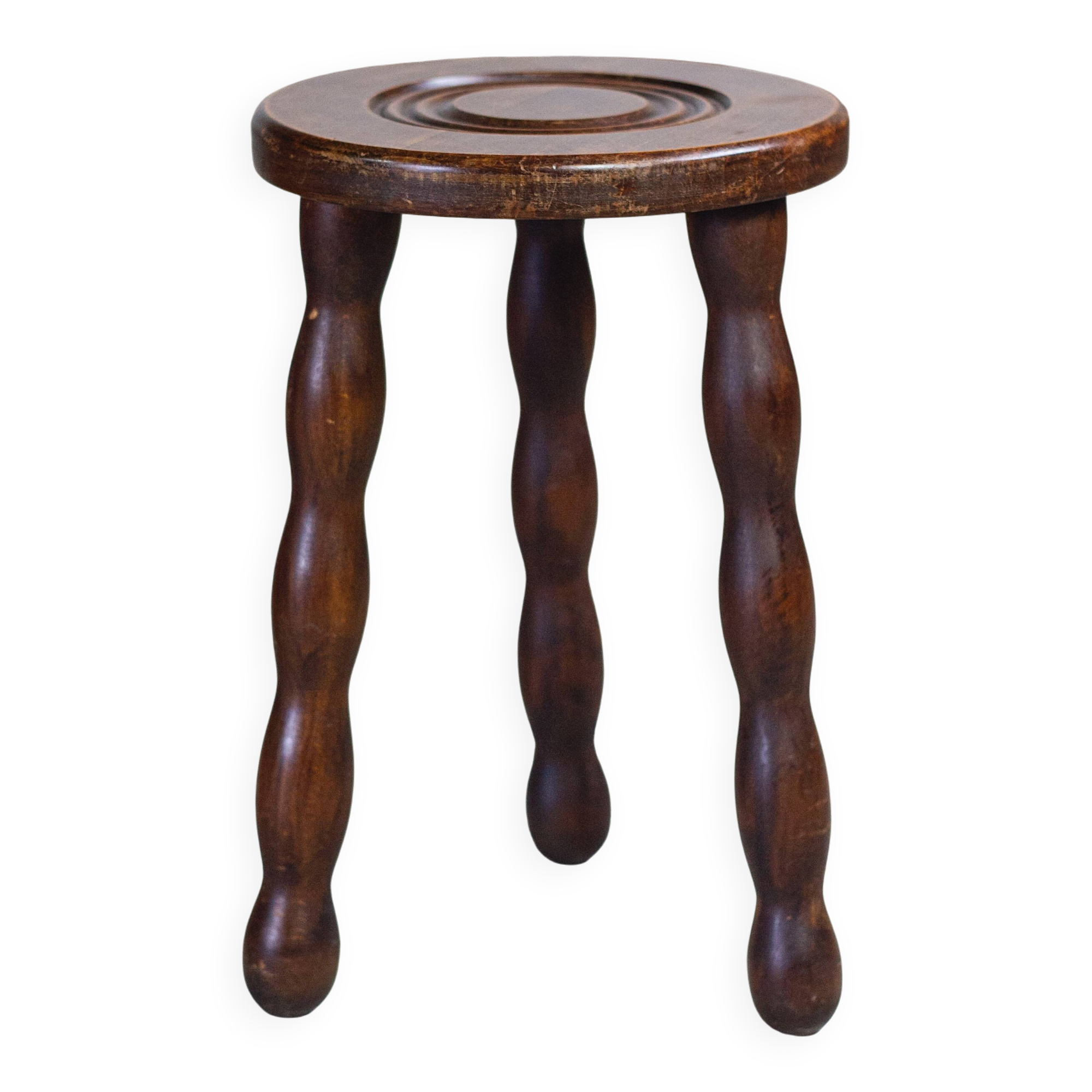 Tripod stool in turned wood in the style of Charles Dudouyt, 1950