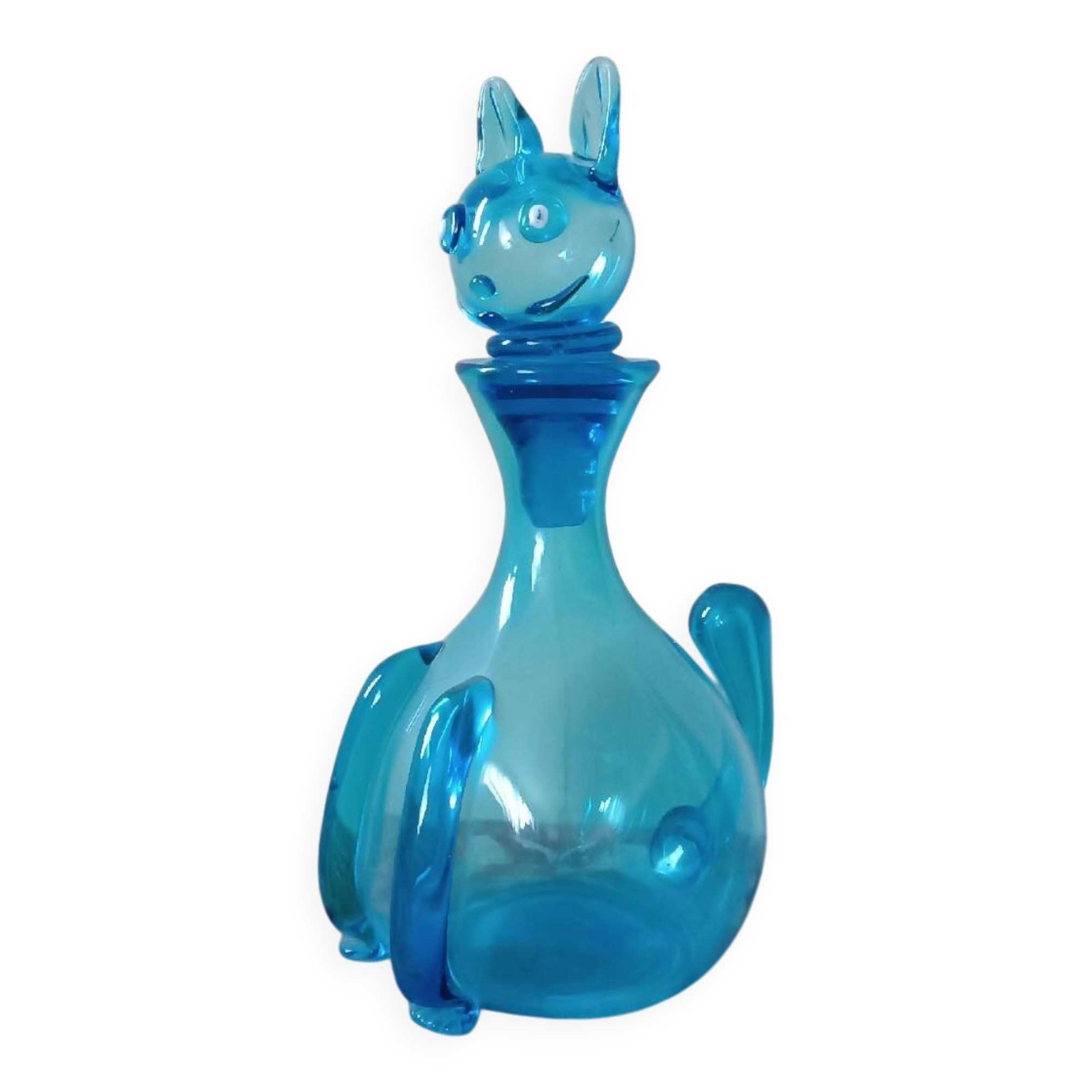 Vintage glass carafe from the 1960s, Empoli glassware, in the shape of a cat.