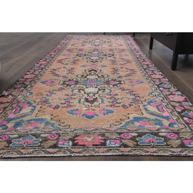1970s Vintage Turkish Oushak Handmade Wool Cotton Pink Runner Rug 103x302