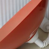 Italian pendant lamp rises & falls in red & orange lacquered metal, circa 1970