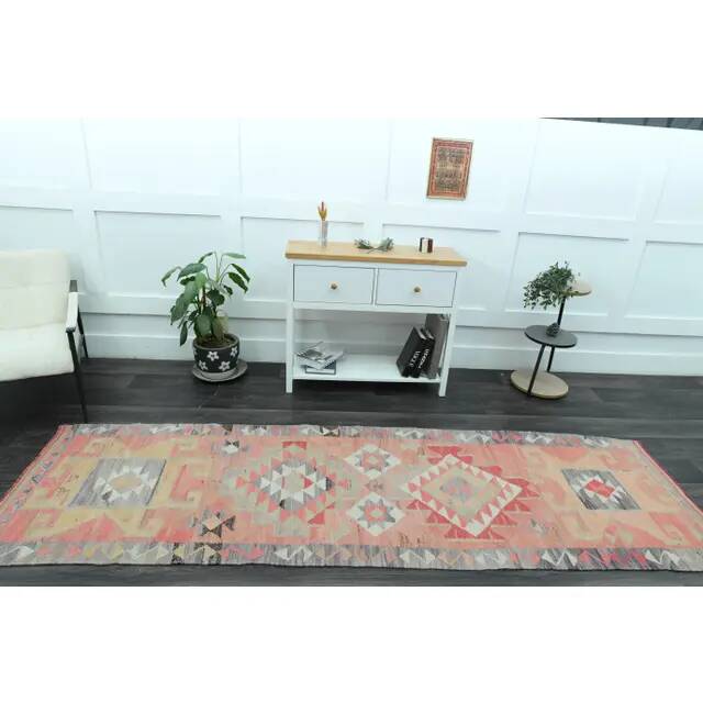 1970s Vintage Turkish Handmade Wool & Cotton Pink Runner Rug 94x306