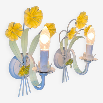 Pair of Metal Sconces Flowers Yellow Vintage 1980 Shabby Chic Candlestick Candlestick Romantic