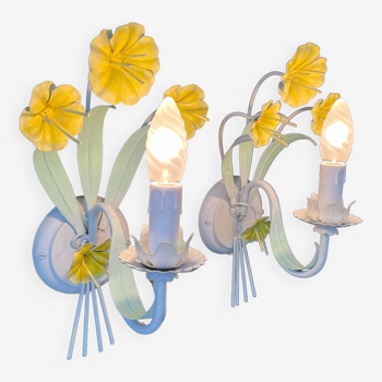 Paire d'appliques métal fleurs jaune vintage 1980 shabby chic bougeoir chandelier romantique