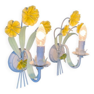 Pair of Metal Sconces Flowers Yellow Vintage 1980 Shabby Chic Candlestick Candlestick Romantic