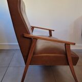 Scandinavian sofa 2 places 60s in wood and imitation leather