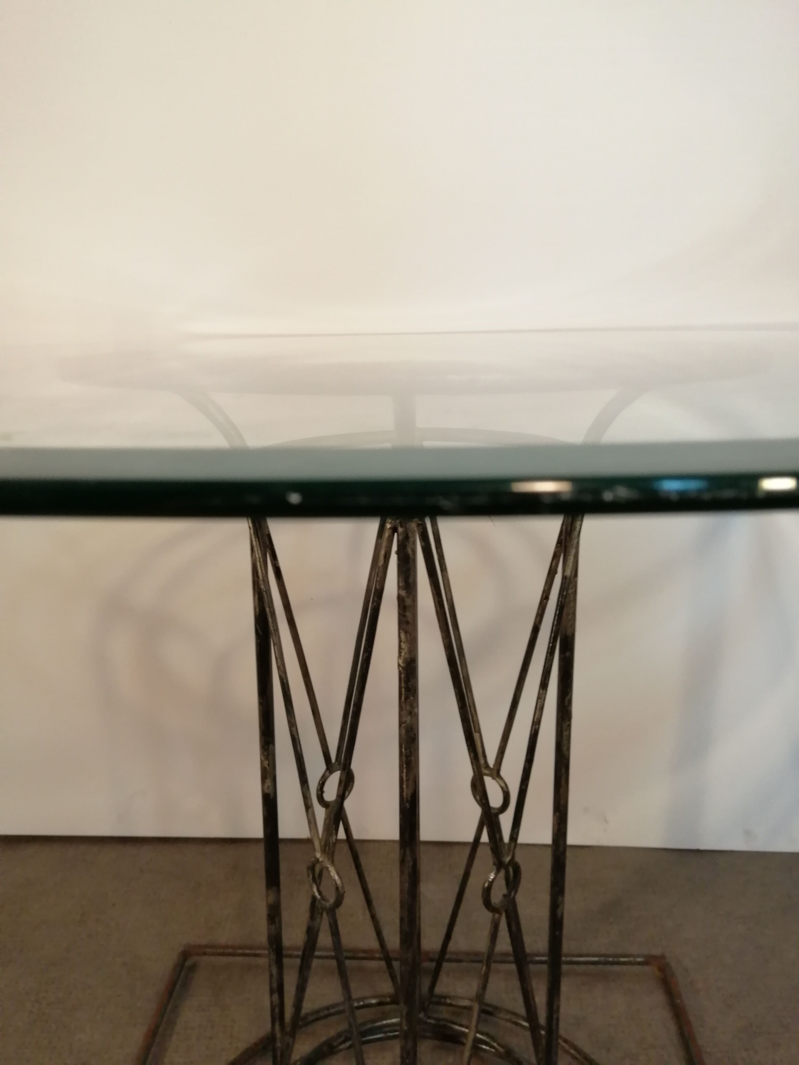 Wrought iron dining table with beveled round glass top, vintage 1980