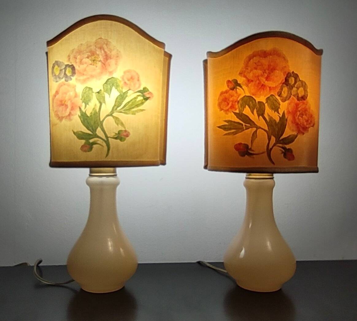 Pair of Murano Glass Table Lamps by Gino Cenedese with Floral Lampshades