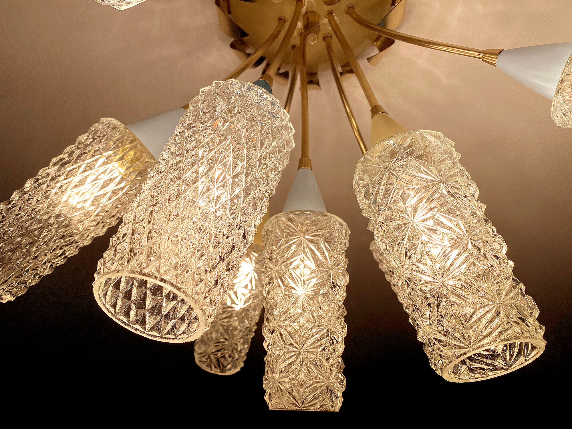 plafonnier lampe vintage, annees 50, verre laiton, bleu beige or