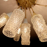 plafonnier lampe vintage, annees 50, verre laiton, bleu beige or