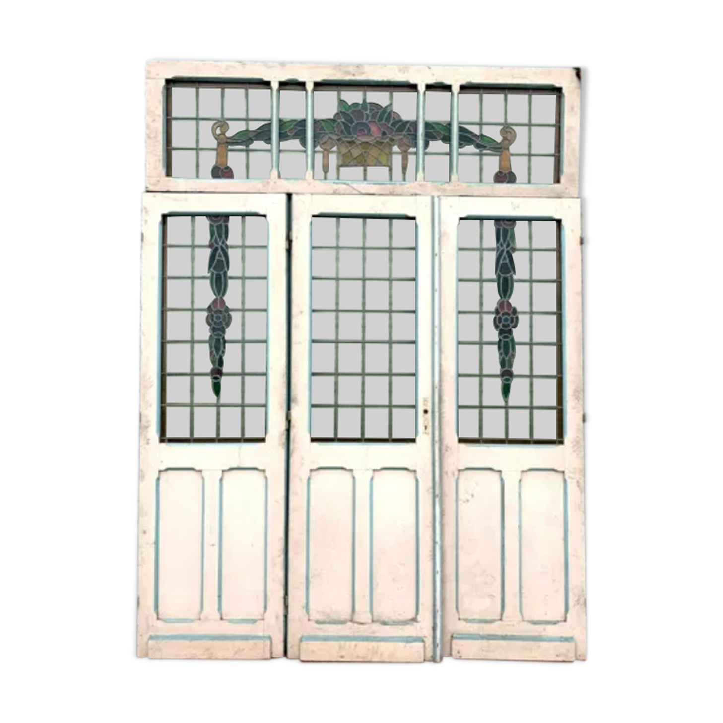 Suite de trois portes de séparation en vitrail Art Déco XX siècle