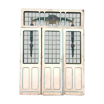 Suite of three separation doors in Art Deco stained glass XX century