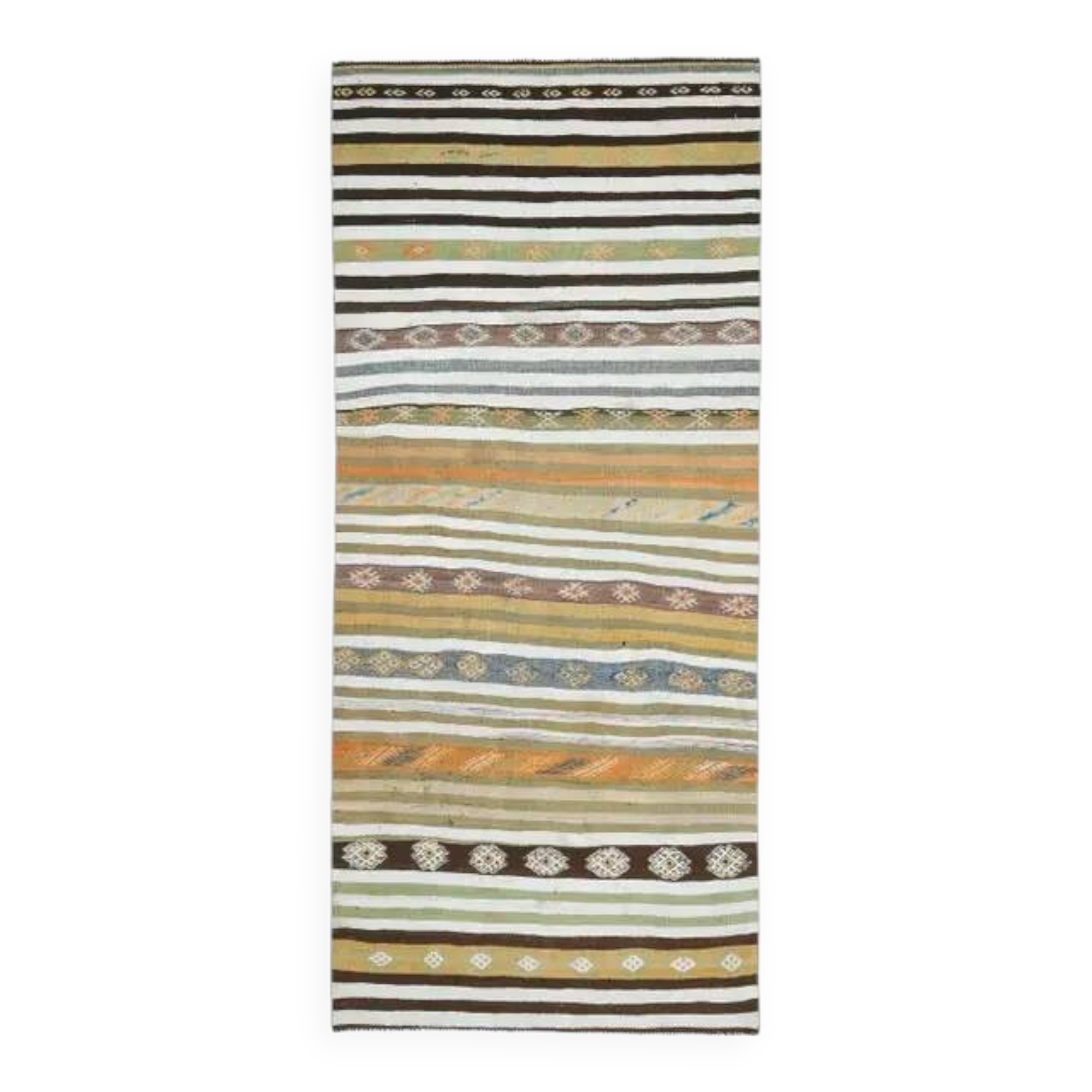1970s Vintage Turkish Hand-Knotted Wool Cotton Green Runner Rug 139x323