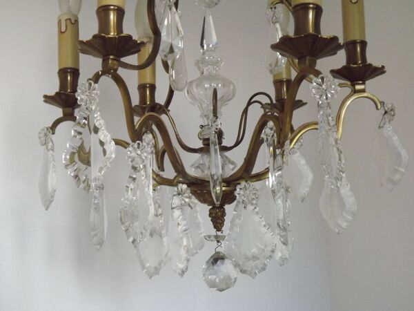 Elegant French Vintage 1940s Brass Glass & Crystal 6 Light Cage Chandelier