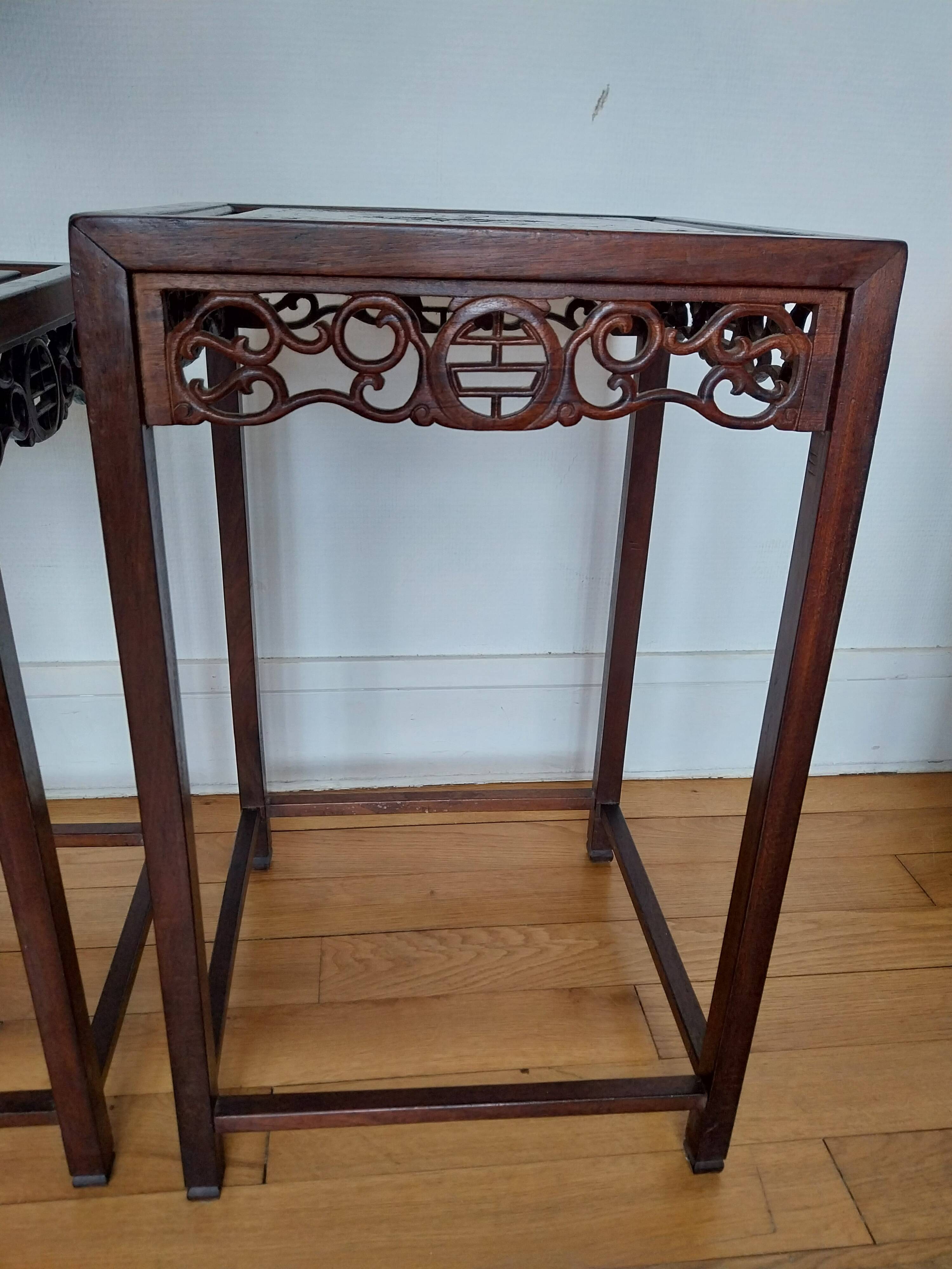 3 Chinese nesting tables in wood and brass.