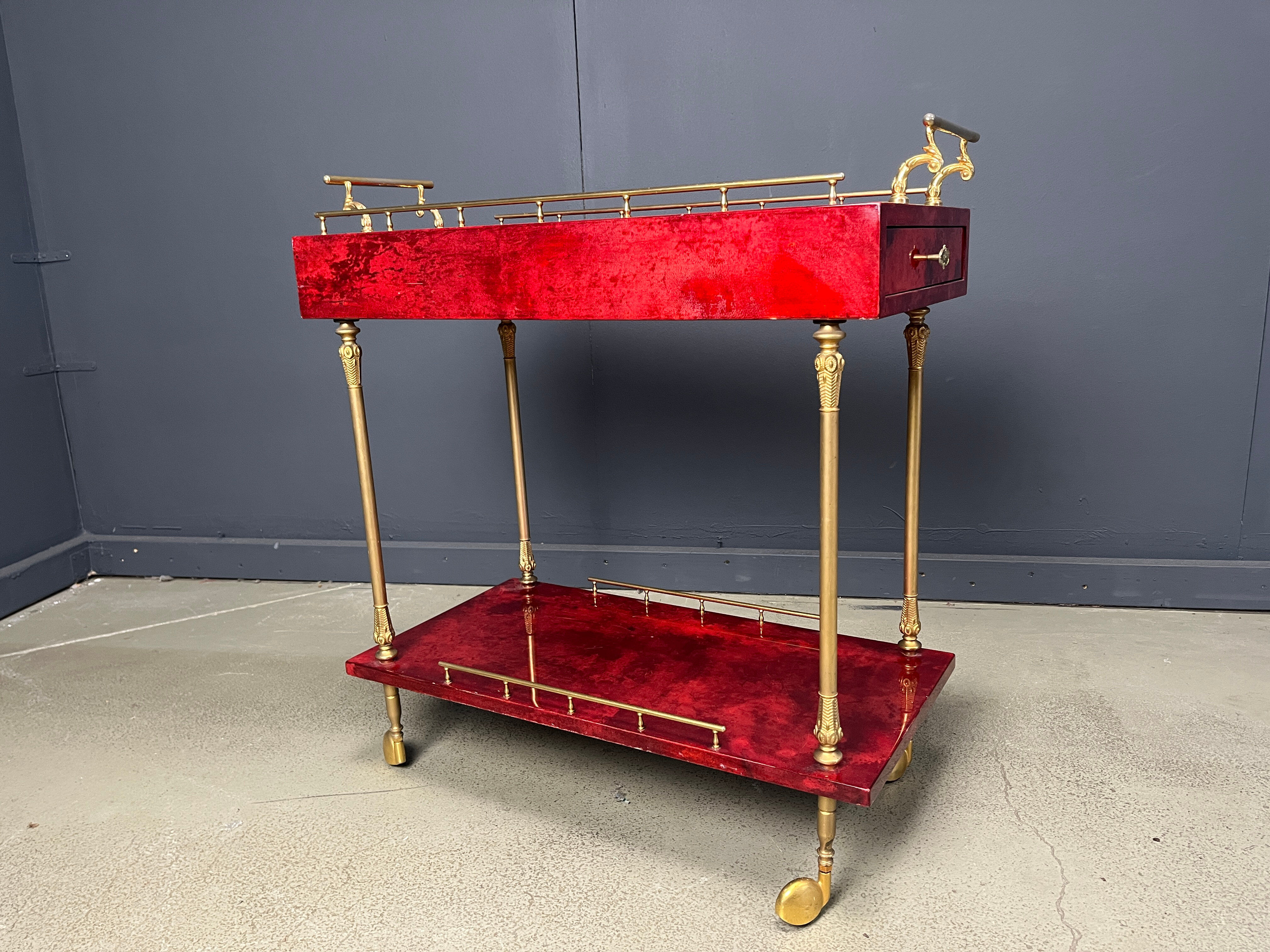 Rare Italian lacquered goatskin / parchment serving bar cart by Aldo Tura, 1960s