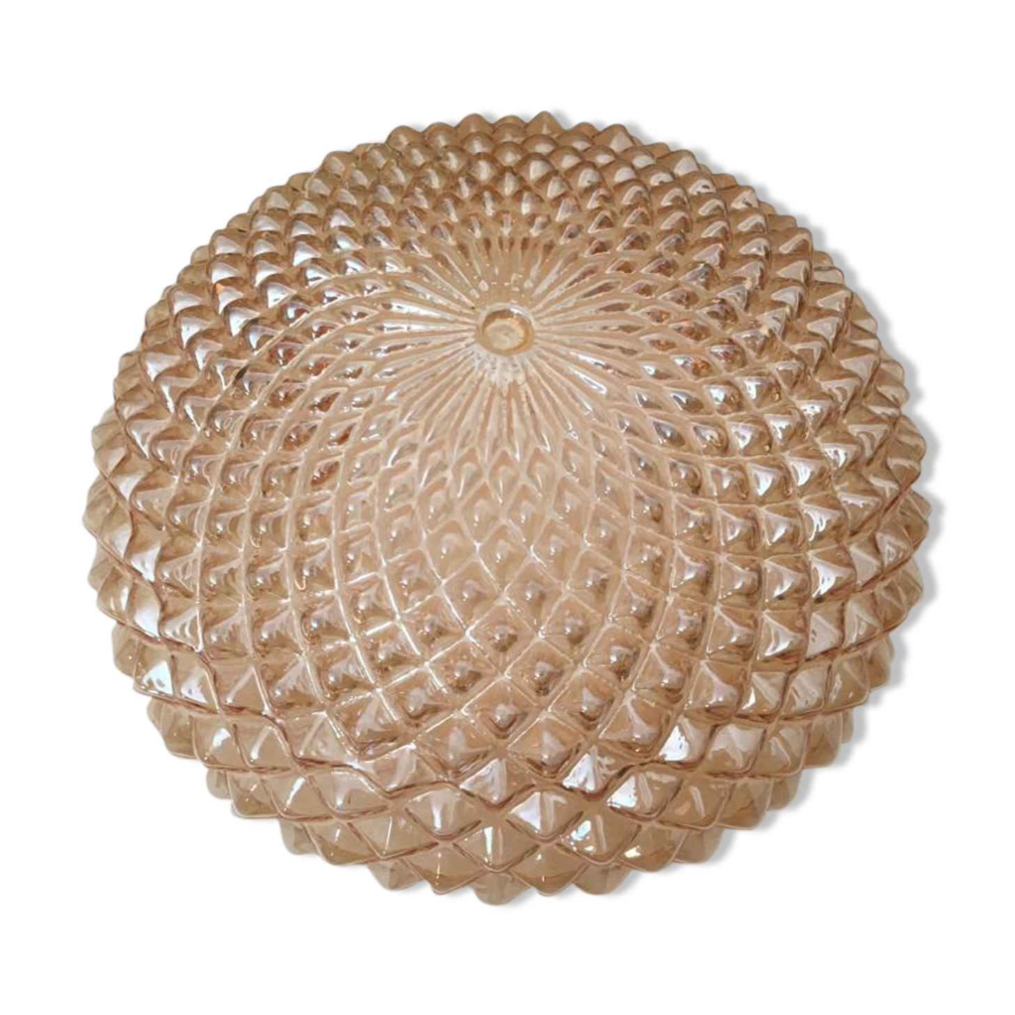 Large ceiling lamp in amber chiseled glass. Round shape