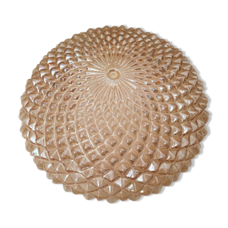 Large ceiling lamp in amber chiseled glass. Round shape
