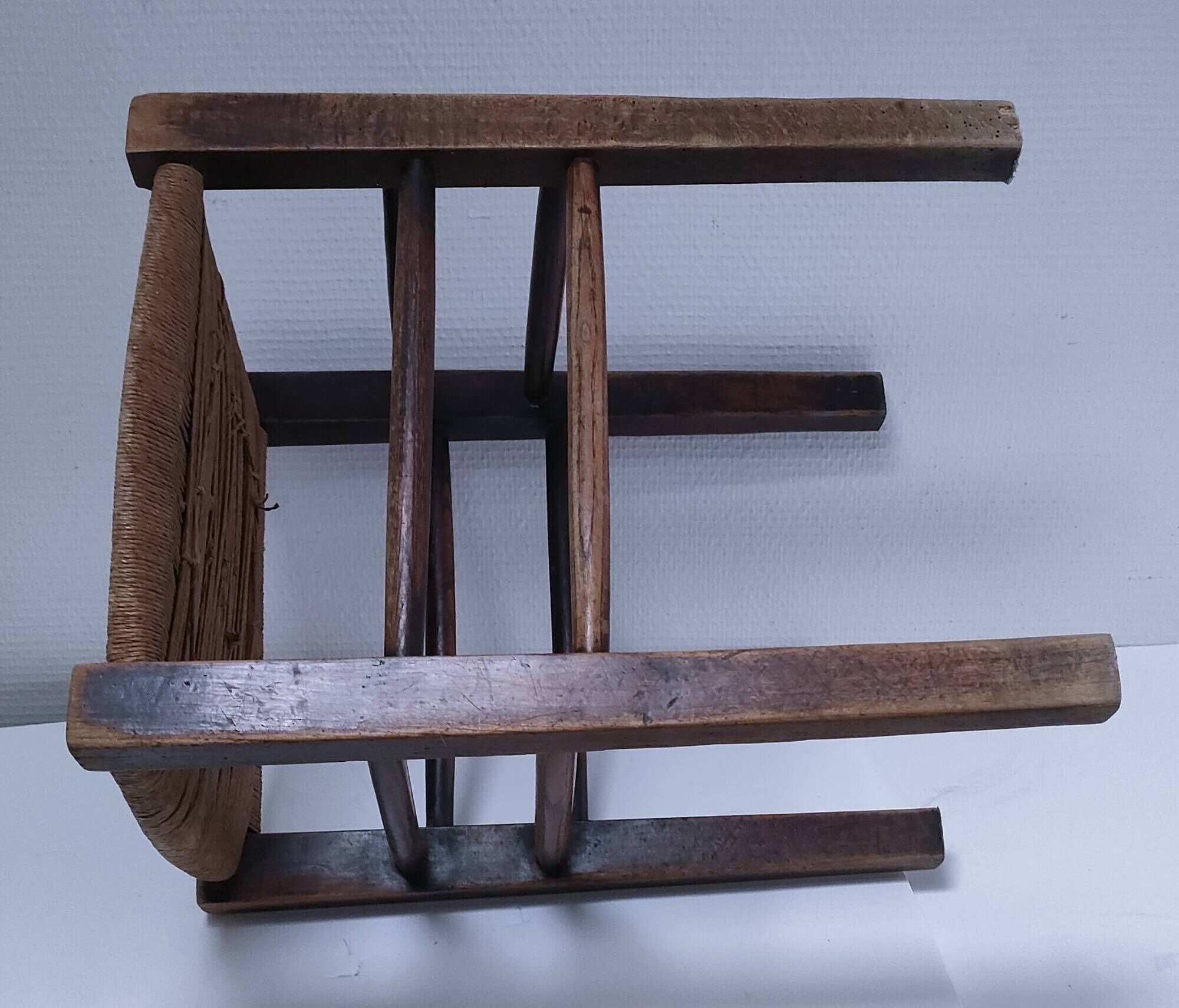 wooden stool with woven plant seat vintage