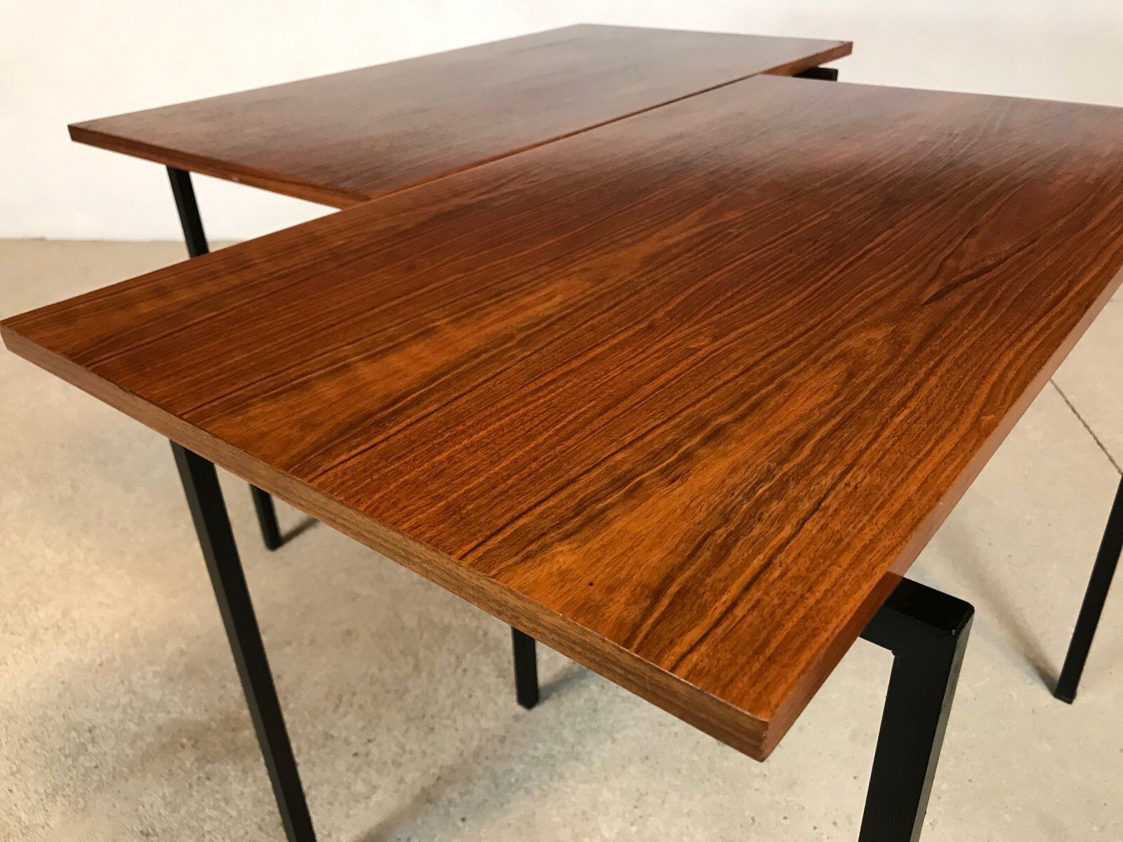 Minimalist walnut & steel stacking side tables, 1960s, Set of 2
