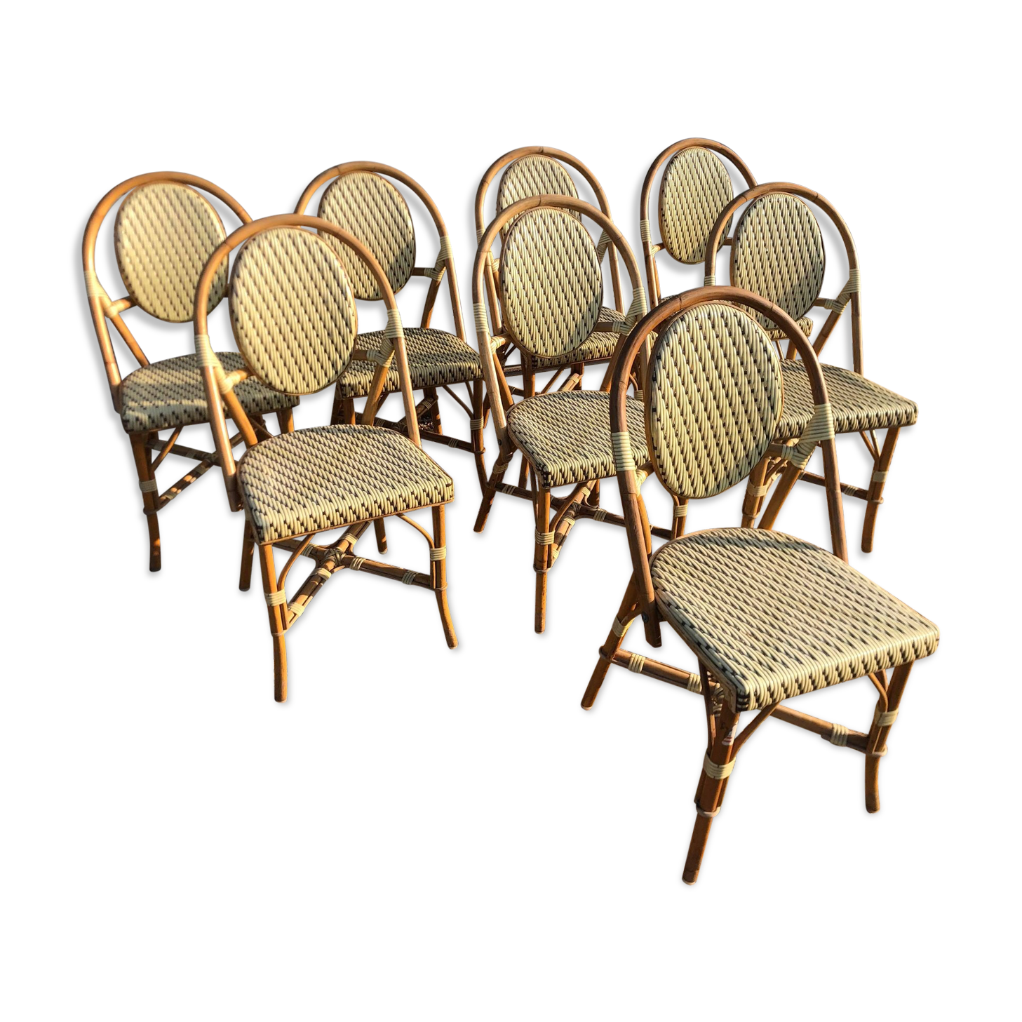 Set of 8 terrace chairs "bistro" in natural rattan beige braiding.