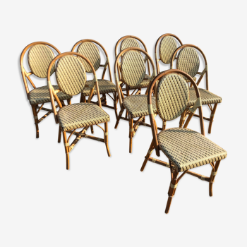 Ensemble de 8 chaises de terrasse " bistrot" en rotin naturel tressage beige